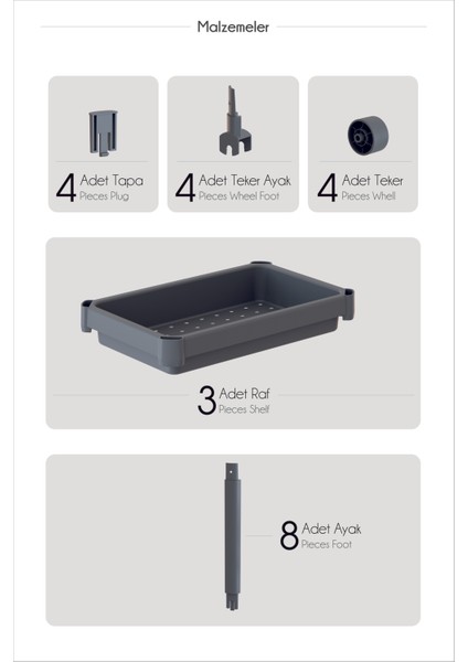 3 Katlı Tekerlekli Raf Ünitesi Banyo Rafı Mutfak Rafı Servis Sehpası Organizer