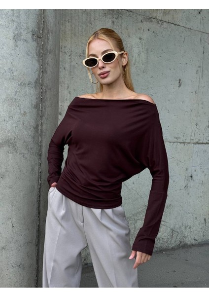 Yarasa Kol Geniş Yaka Siyah Bluz Bol Kesim Likralı Kumaş Düşük Omuz Üst