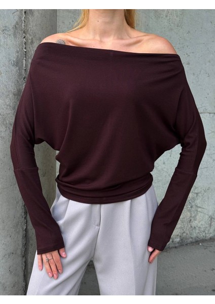 Yarasa Kol Geniş Yaka Siyah Bluz Bol Kesim Likralı Kumaş Düşük Omuz Üst