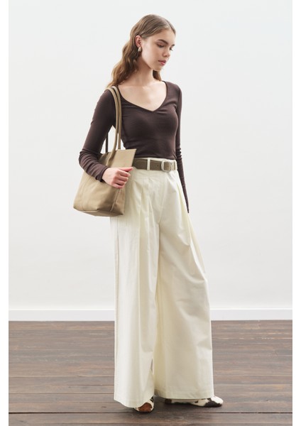 Geniş Pileli Gabardin Pantolon Ekru