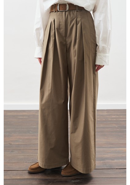 Geniş Pileli Gabardin Pantolon Haki modelleri