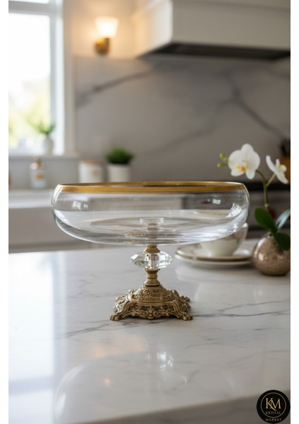 El Yapımı Kristal Gold Detay Şeffaf Dekoratif Ayaklı Sunumluk Kase