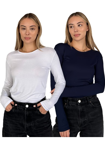 Kadın Uzun Kollu Bisiklet Yaka Penye Body 2'li Set