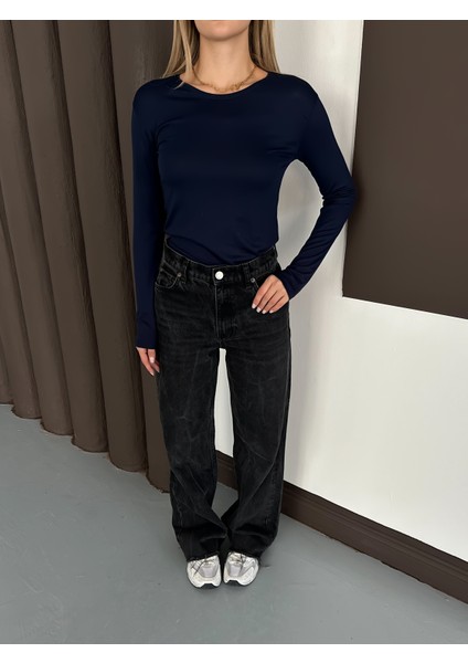 Kadın Uzun Kollu Bisiklet Yaka Penye Body 2'li Set