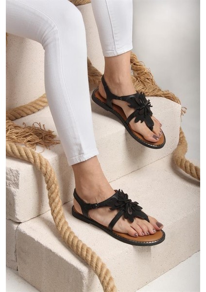 131301 Çiçek Detaylı Sandalet Hakiki Deri Siyah