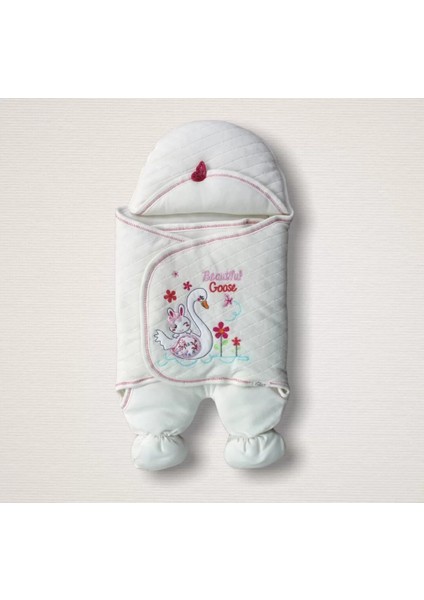 Litaetrend Yenidoğan Çiçekli Ördek Nakışlı Şapkalı Kız Bebek Ayaklı Kundak Bebek Battaniyesi Ekru