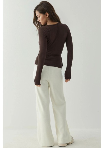 Kadın Kruvaze Bağlama Detaylı Soft Kumaş Balerin Bluz Kestane Kahvesi modelleri