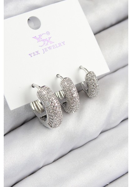 Pirinç Zirkon Taşlı 3'lü Halka Model Gümüş Renk Kadın Küpe - Lisinya