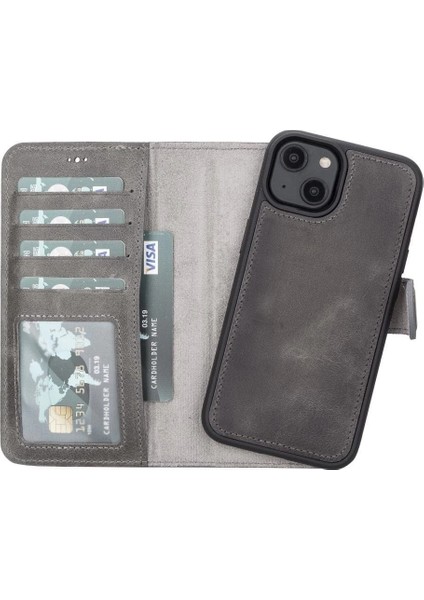 Apple iPhone 14 Uyumlu Deri Cüzdanlı Kılıf Mwwn VS4EF Gri indirimleri