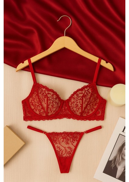 Kırmızı Balenli Brode Sütyen Seti