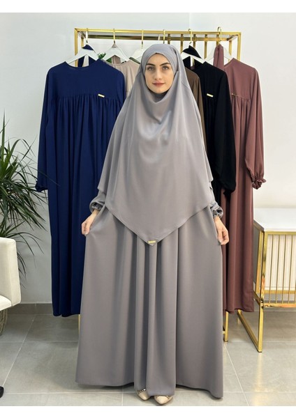 Ferace & Abaya Sufle Esarp ve Üsten Robalı Kemerli Elbise Takım .hac ve Umre Için Uygundur Gri