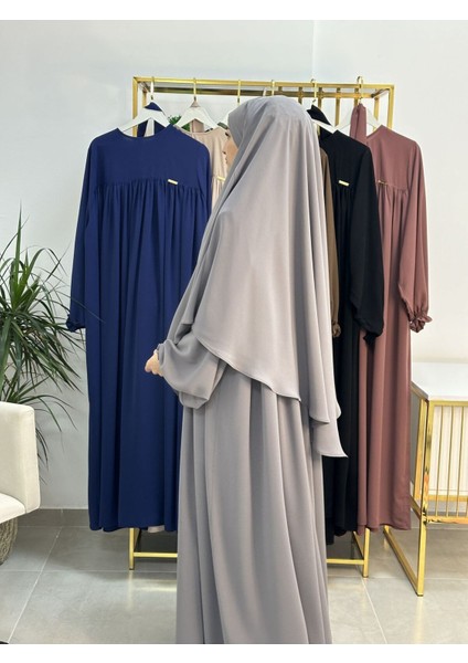 Ferace & Abaya Sufle Esarp ve Üsten Robalı Kemerli Elbise Takım .hac ve Umre Için Uygundur Gri indirimleri