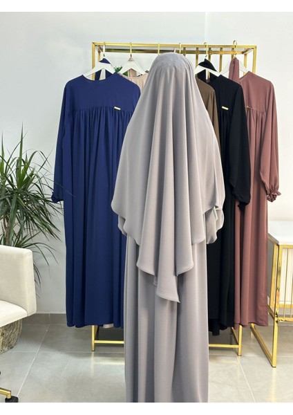 Ferace & Abaya Sufle Esarp ve Üsten Robalı Kemerli Elbise Takım .hac ve Umre Için Uygundur Gri