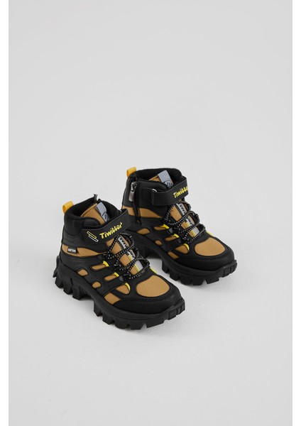 Çocuk Unisex Siyah Oranj Kalın Kauçuk Taban Lastik Bağcıklı Cırtlı Outdoor Trekking Bot fiyatları