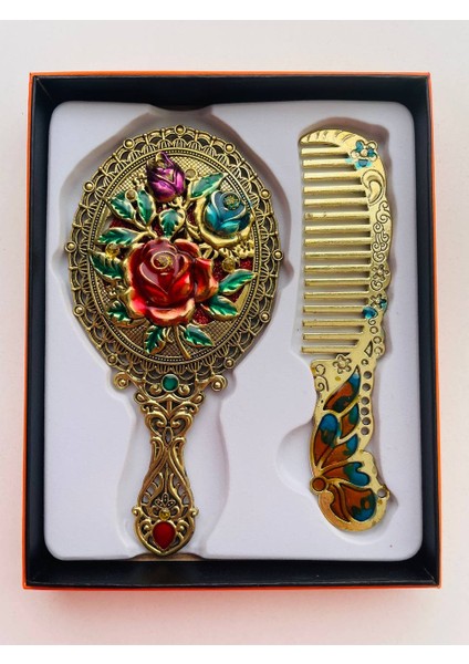 Ayna Tarak Seti, Kutulu-Metal-Hediyelik Takım, 13CM Aynalı Saç Fırçası, Tavuskuşu Figürlü