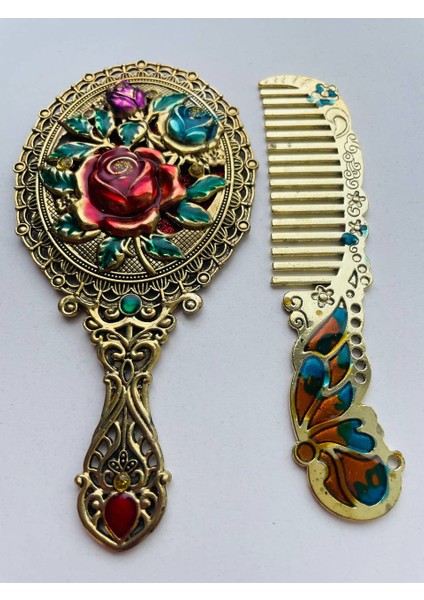 Ayna Tarak Seti, Kutulu-Metal-Hediyelik Takım, 13CM Aynalı Saç Fırçası, Tavuskuşu Figürlü