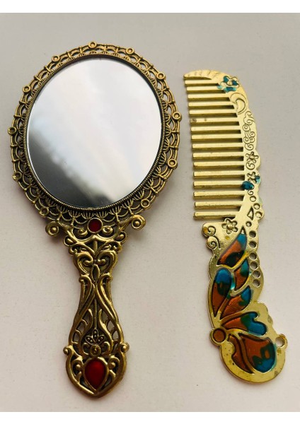 Ayna Tarak Seti, Kutulu-Metal-Hediyelik Takım, 13CM Aynalı Saç Fırçası, Tavuskuşu Figürlü