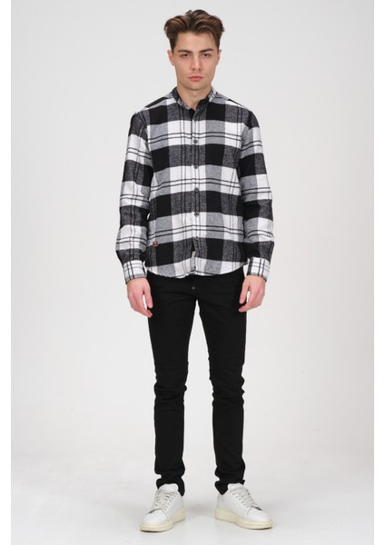 Erkek Siyah Beyaz Kareli Flanel Oduncu Kışlık Cepsiz Gömlek Overshirt