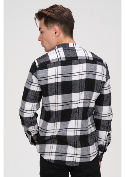 Erkek Siyah Beyaz Kareli Flanel Oduncu Kışlık Cepsiz Gömlek Overshirt