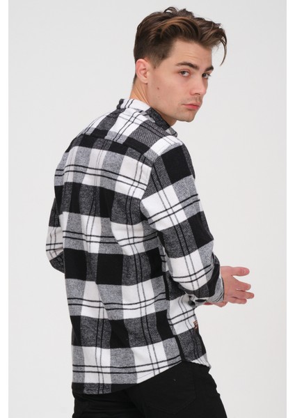 Erkek Siyah Beyaz Kareli Flanel Oduncu Kışlık Cepsiz Gömlek Overshirt