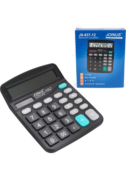 Joınus JS-837 2 Power Güneş Enerjili + Pilli Hesap Makinesi Siyah 12 Haneli