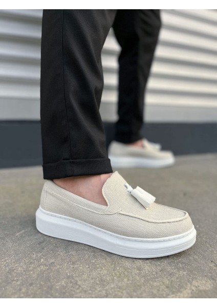 JY154 Blaze Bağcıksız Püsküllü Keten Erkek Günlük Spor Klasik Ayakkabı Kbt - Beyaz