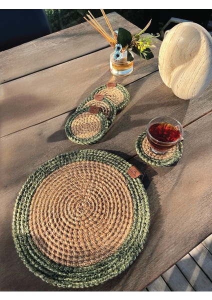 4 Adet Yuvarlak Kılfılı Bardak Altlığı- Leke Tutmaz- Naturel-Yeşil 13X13 cm modelleri