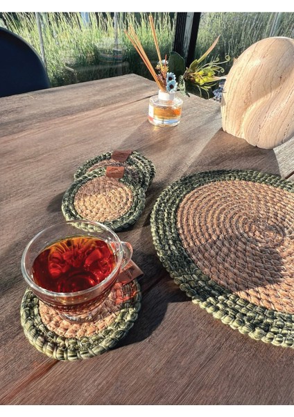 4 Adet Yuvarlak Kılfılı Bardak Altlığı- Leke Tutmaz- Naturel-Yeşil 13X13 cm fırsatları