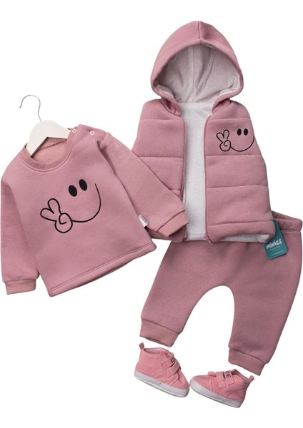 Smile Baskılı Yelekli Üç Ip Kız Takım