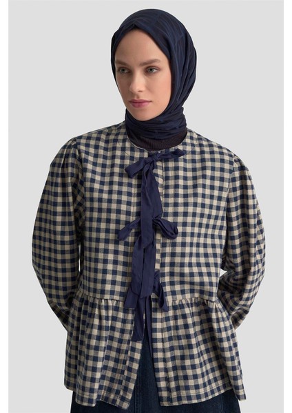 Bağlamalı Karpuz Kol Ekose Tunik 25KM1025 Lacivert