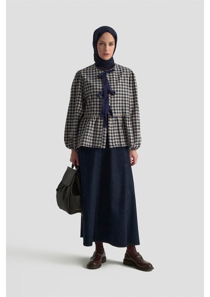 Bağlamalı Karpuz Kol Ekose Tunik 25KM1025 Lacivert fiyatları