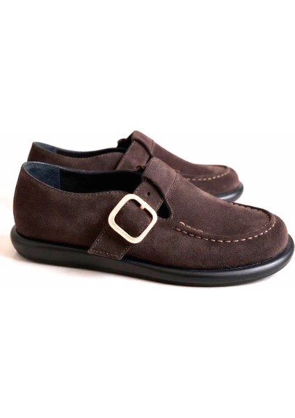 Kahve Süet Hakiki Deri Tokalı ve Lastikli Kadın Casual Ayakkabı