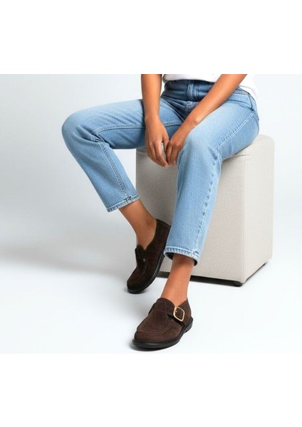 Kahve Süet Hakiki Deri Tokalı ve Lastikli Kadın Casual Ayakkabı