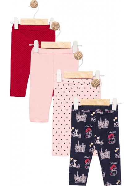 Kız Bebek 4’lü Likralı Pamuklu (6-24 Ay) Lastikli Bel Pembe Desenli Yumuşak Tayt