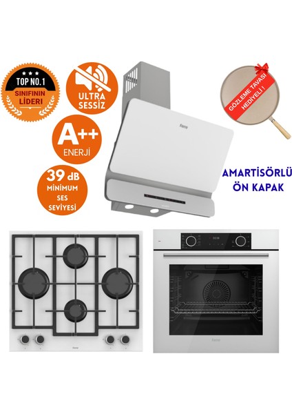 Fryart & Flowart Hero Sessiz Davlumbazlı Beyaz Cam Ankastre Set ( D081-SA + LN386 + XE63CB )