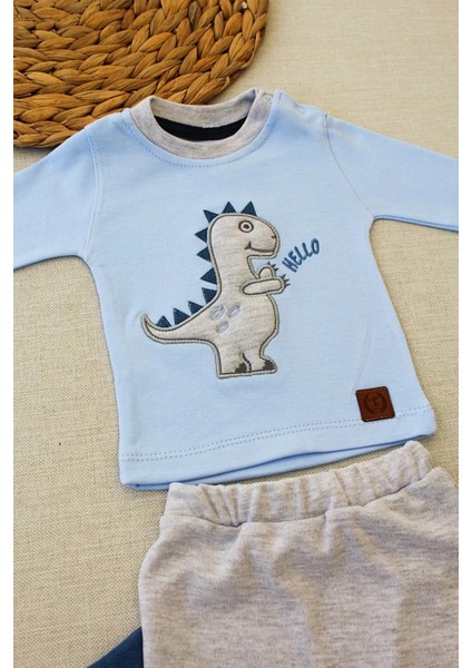 Litaetrend 3-6 6-9 9-12 Ay Minik Dino Nakışlı Şapkalı Uzun Kollu Sweat 3lü Kız-Erkek Bebek Takımı Mavi fiyatları