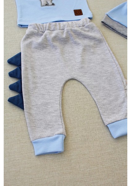 Litaetrend 3-6 6-9 9-12 Ay Minik Dino Nakışlı Şapkalı Uzun Kollu Sweat 3lü Kız-Erkek Bebek Takımı Mavi modelleri