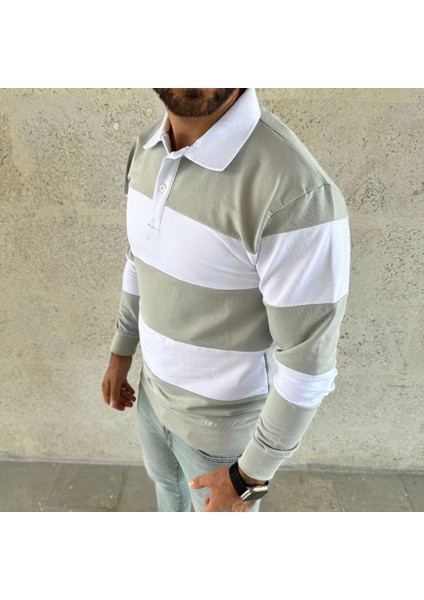 Erkek Polo Yaka Uzun Kollu Çizgili Sweatshirt Trend Rugby Stil - Mint Yeşili fırsatları
