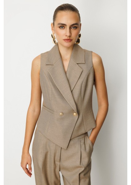 Kadın Kruvaze Yaka Ince Fitilli Yelek 5053 Gold
