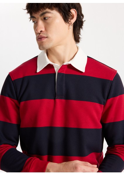 Gömlek Yaka Kırmızı - Lacivert Erkek Sweatshırt M5WM-SWT1523