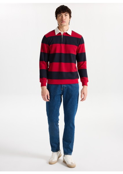 Gömlek Yaka Kırmızı - Lacivert Erkek Sweatshırt M5WM-SWT1523 modelleri