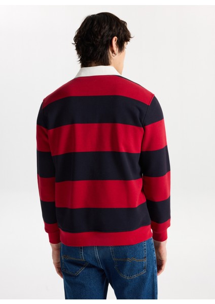 Gömlek Yaka Kırmızı - Lacivert Erkek Sweatshırt M5WM-SWT1523