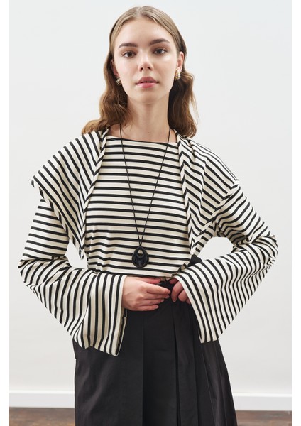 Şal Detaylı Çizgili Tshırt Siyah