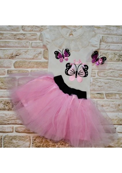 Litaetrend 9-12-18 Ay Payetli Kelebek Nakışlı Taçlı Kısa Kollu Tütü Etek 3lü Kız Bebek Takımı Lila