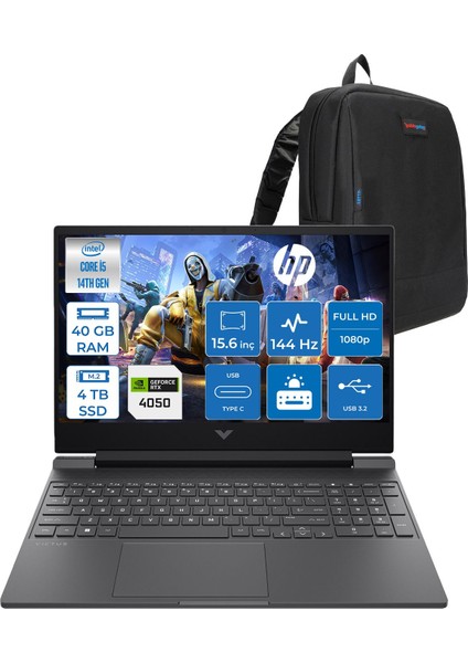 Victus 15-WFA2023NT Intel Core I5 14450HX 40GB Ddr5 4tb SSD RTX4050 6gb 15.6" IPS Fhd (1920 x 1080) 144HZ 300NIT Freedos Taşınabilir Bilgisayar BY2K1EAF20 + Zetta Çanta