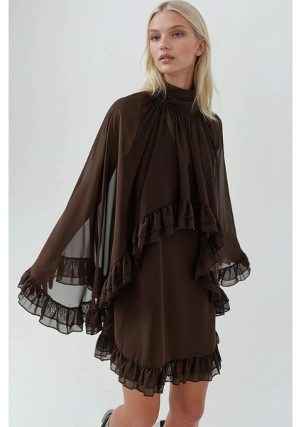 Kadın Dik Yaka Fırfırlı Şifon Mini Elbise Mocha Kahvesi