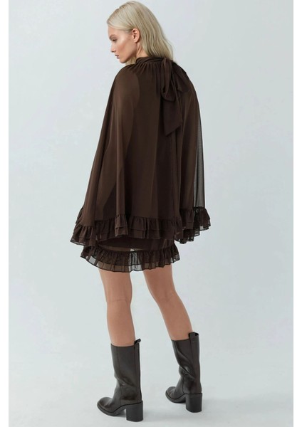 Kadın Dik Yaka Fırfırlı Şifon Mini Elbise Mocha Kahvesi fiyatları