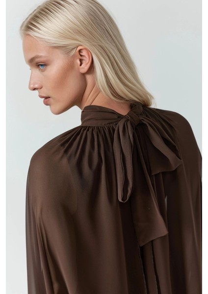 Kadın Dik Yaka Fırfırlı Şifon Mini Elbise Mocha Kahvesi modelleri