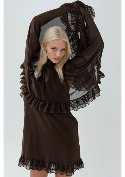 Kadın Dik Yaka Fırfırlı Şifon Mini Elbise Mocha Kahvesi fırsatları