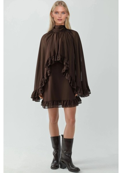 Kadın Dik Yaka Fırfırlı Şifon Mini Elbise Mocha Kahvesi indirimleri